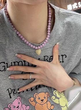 紫色串珠撞色爱心项链女个性显白