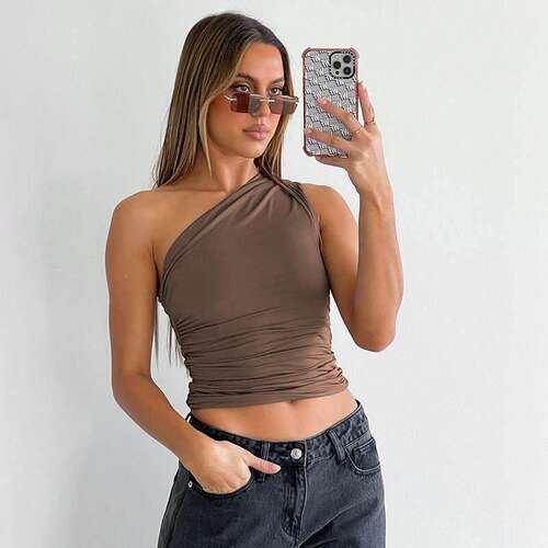 Single shoulder open back pleated vest top T-shirt for women - 图1