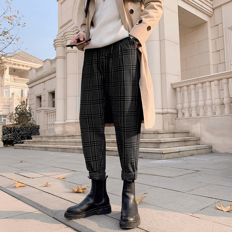 配马丁靴的裤子男韩版潮流秋冬痞帅复古格子休闲裤高街潮牌九分裤,淘宝优惠券,粉丝福利购,淘宝优惠卷