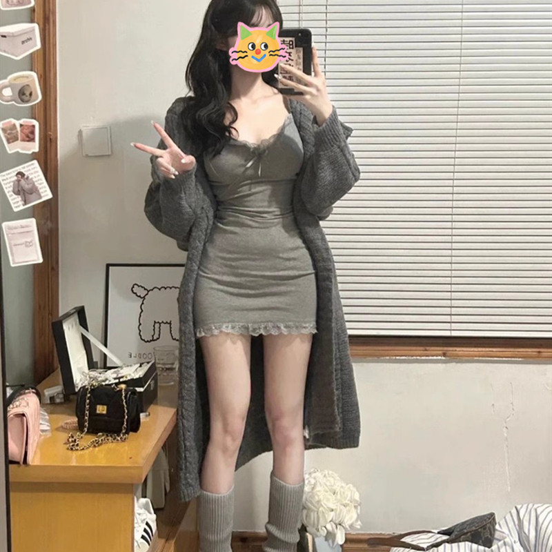 秋冬季搭配一整套纯欲风高级感气质辣妹毛衣外套吊带裙两件套装女,淘宝优惠券,粉丝福利购,淘宝优惠卷