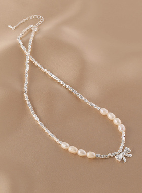 花迹蝴蝶结珍珠项链女