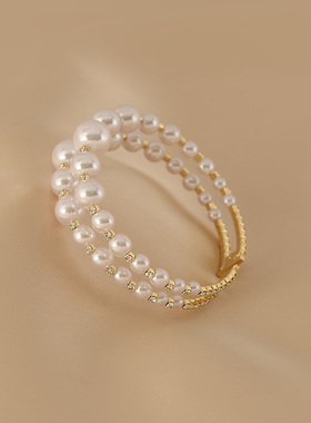 手镯珍珠花迹新款开口手链女