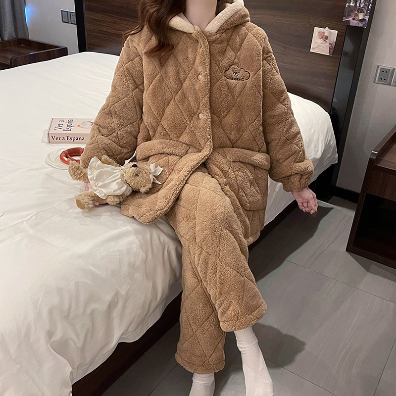 珊瑚绒睡衣女冬季三层夹棉袄加厚加绒中长款连帽睡袍法兰绒家居服