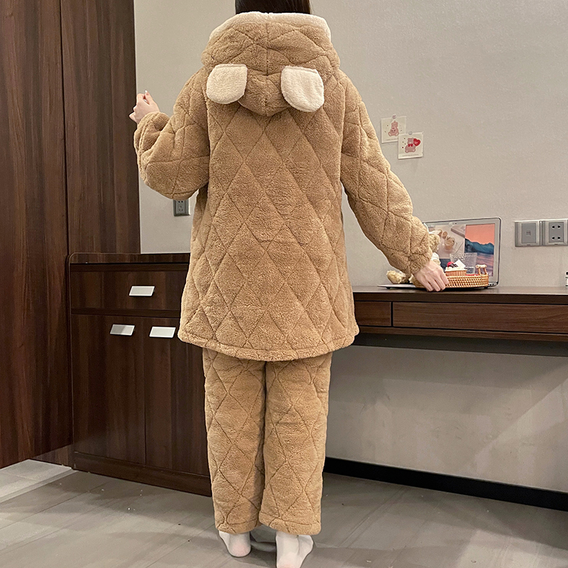 珊瑚绒睡衣女冬季三层夹棉袄加厚加绒中长款连帽睡袍法兰绒家居服