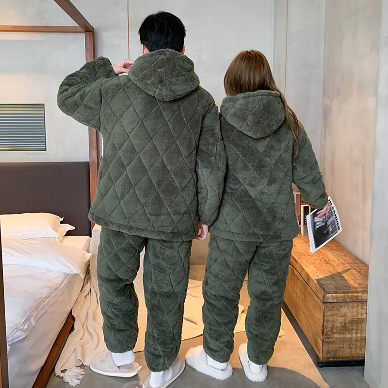 情侣珊瑚绒睡衣女秋冬季连帽加厚三层夹棉男可外穿家居服套装冬天