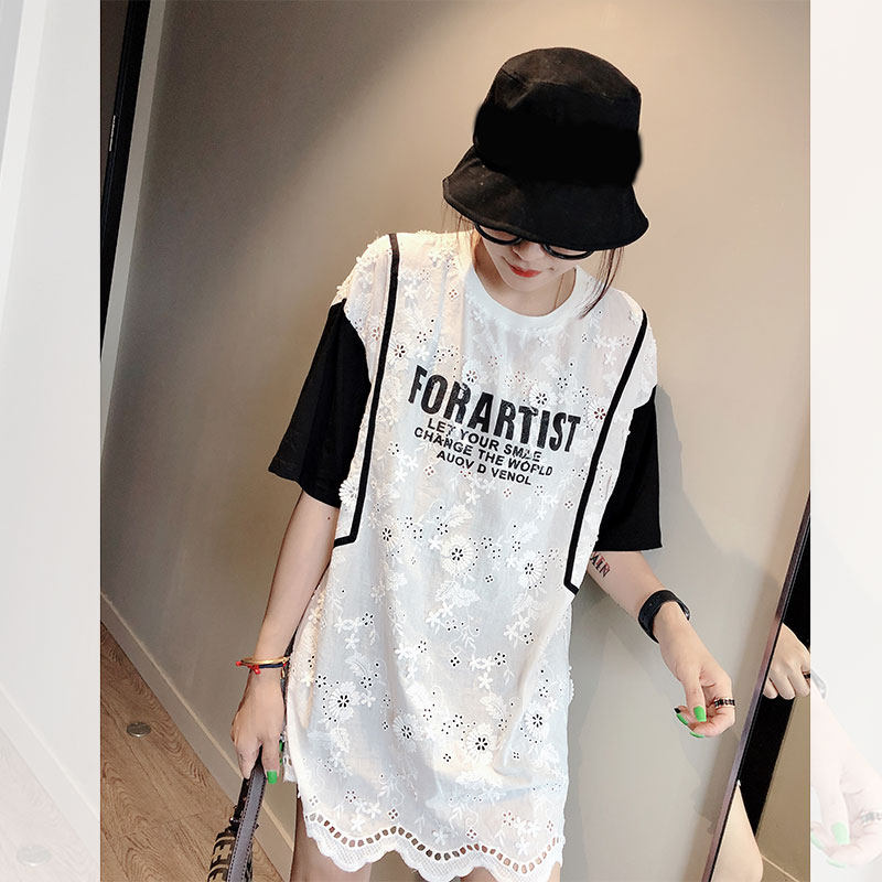 宽松拼接蕾丝衫镂空字母中长款t恤 洁卉娜T恤