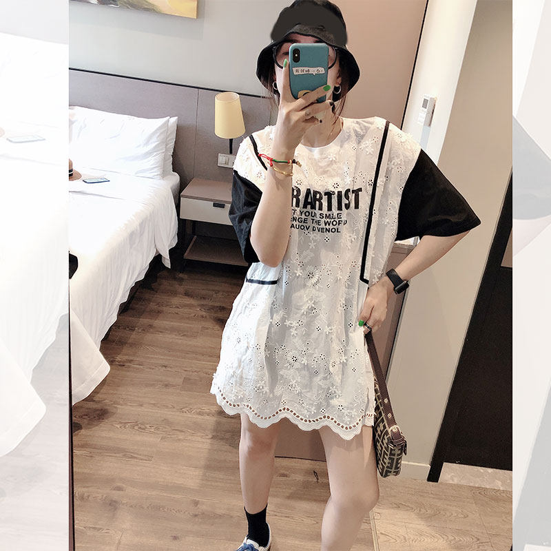 宽松拼接蕾丝衫镂空字母中长款t恤 洁卉娜T恤