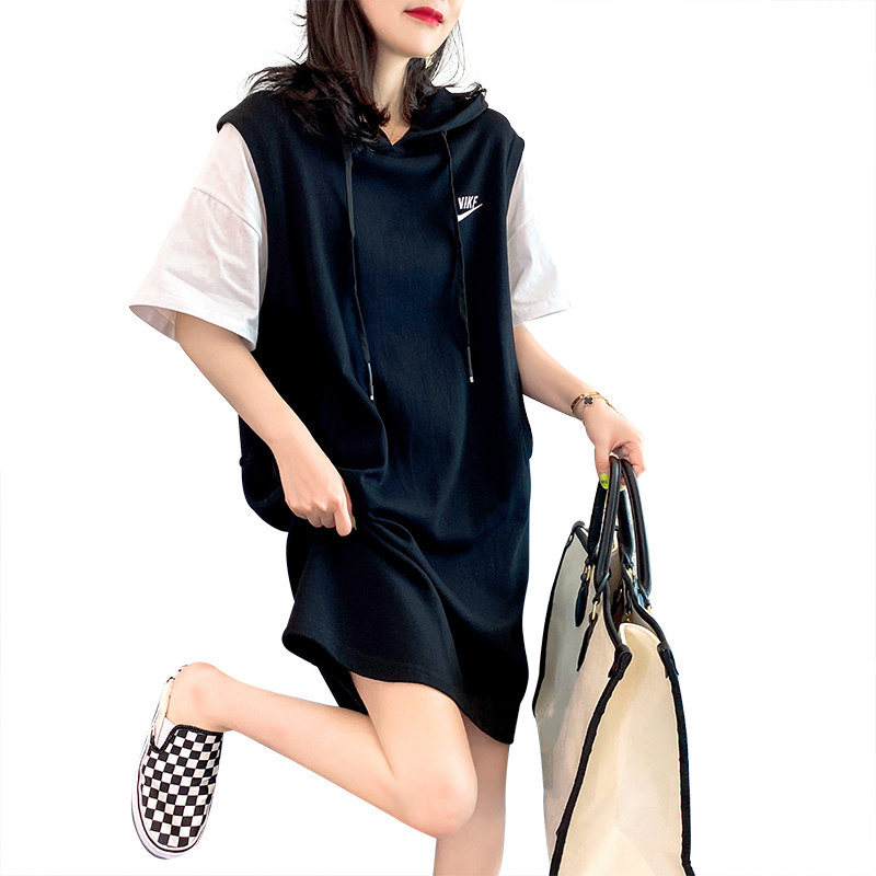 宽松中长款带帽假两件连衣裙卫衣裙 洁卉娜连衣裙