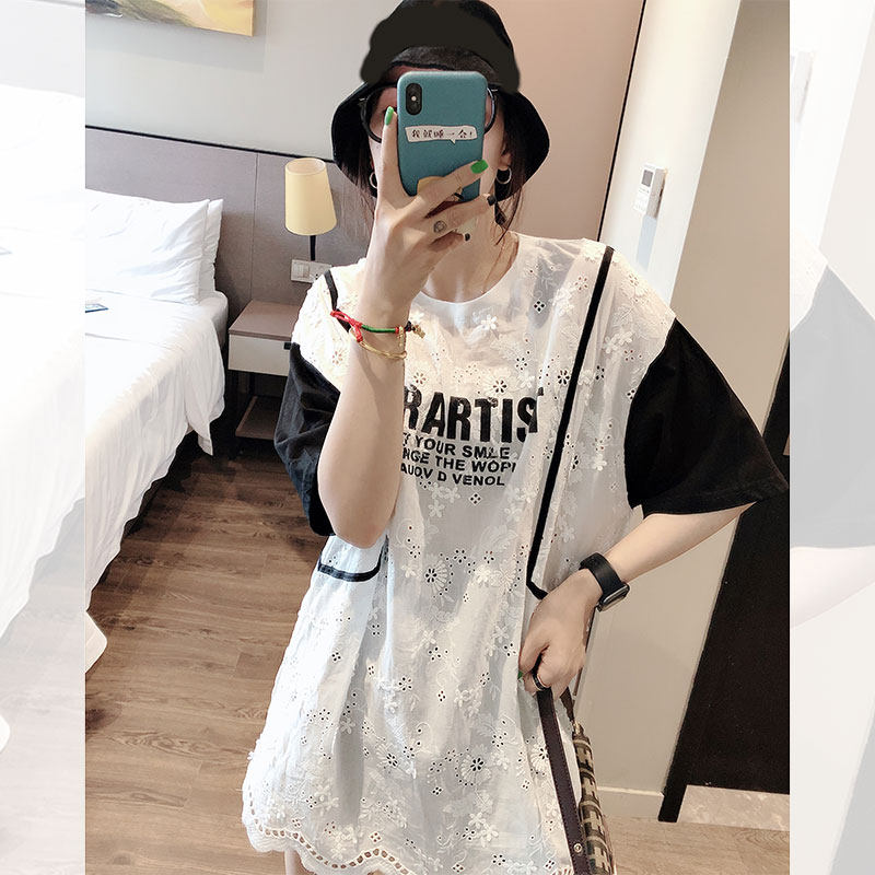宽松拼接蕾丝衫镂空字母中长款t恤 洁卉娜T恤