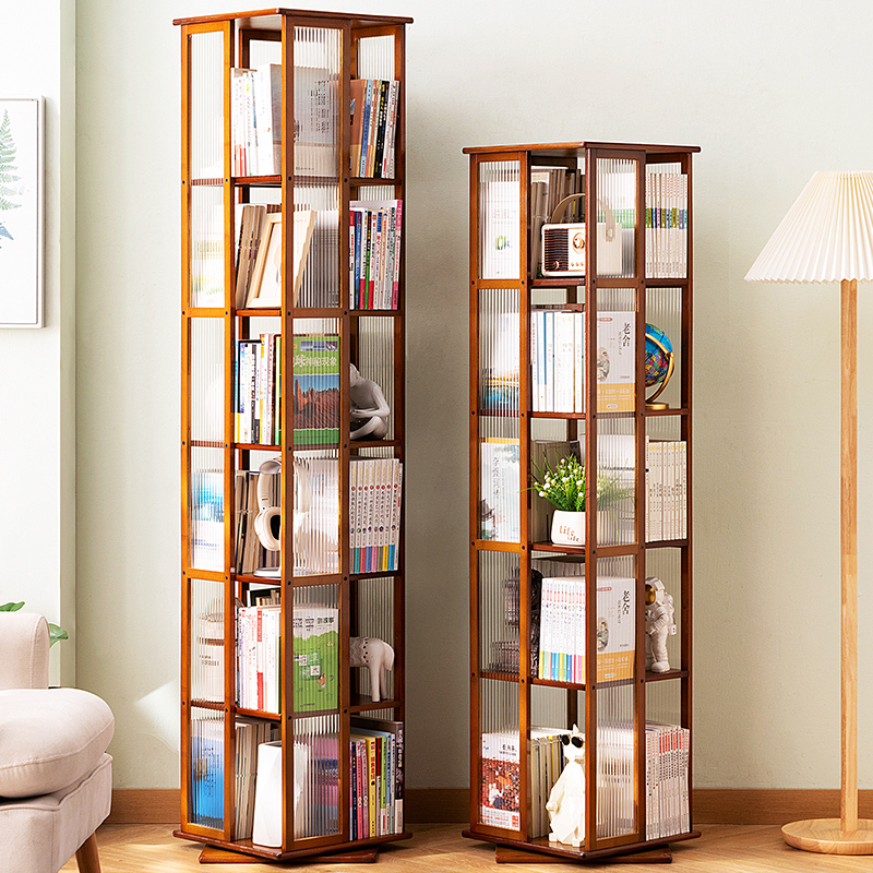 旋转书架落地置物架书柜子家用储物柜儿童客厅简易实木展示架立架 - 图1