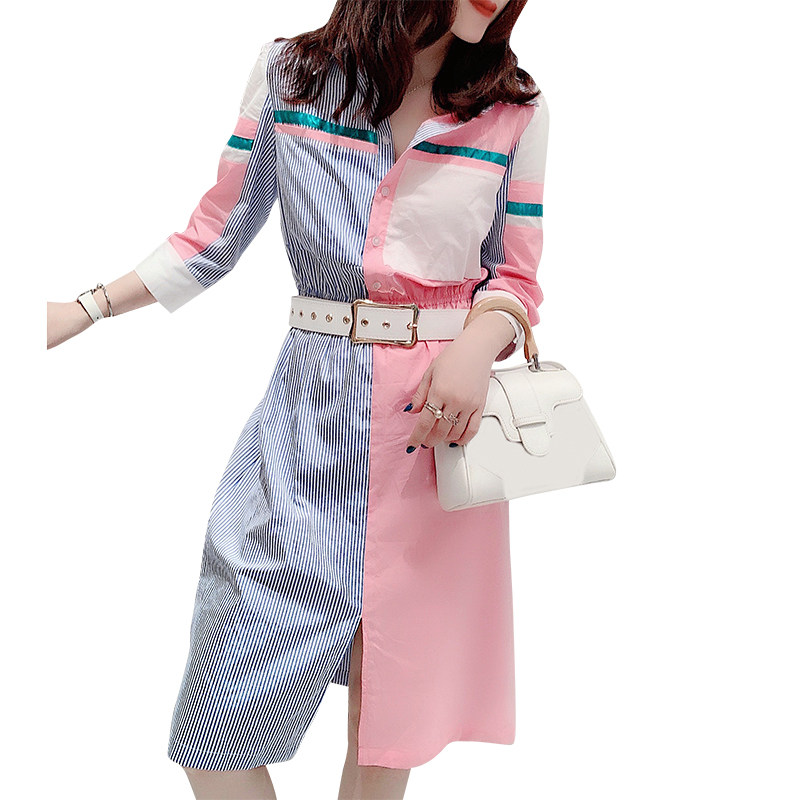 拼色气质收腰中长款方领衬衣连衣裙 蜜恒连衣裙