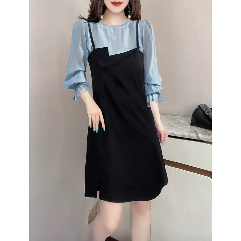 法式黑色圆领高级感气质吊带女衬衫 蜜恒连衣裙