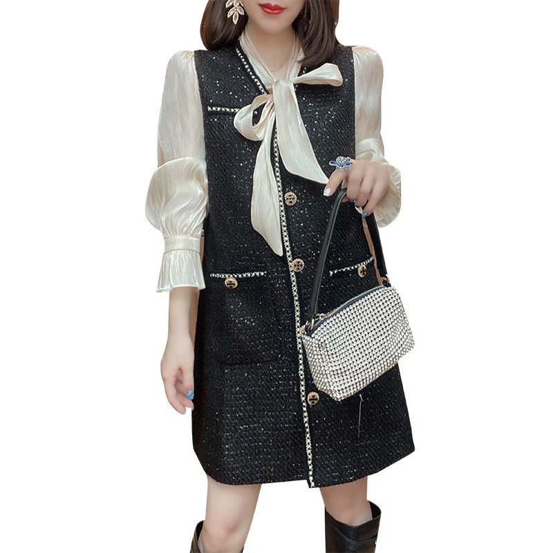 气质假两件拼接雪纺黑色2020衬衫裙 蜜恒连衣裙