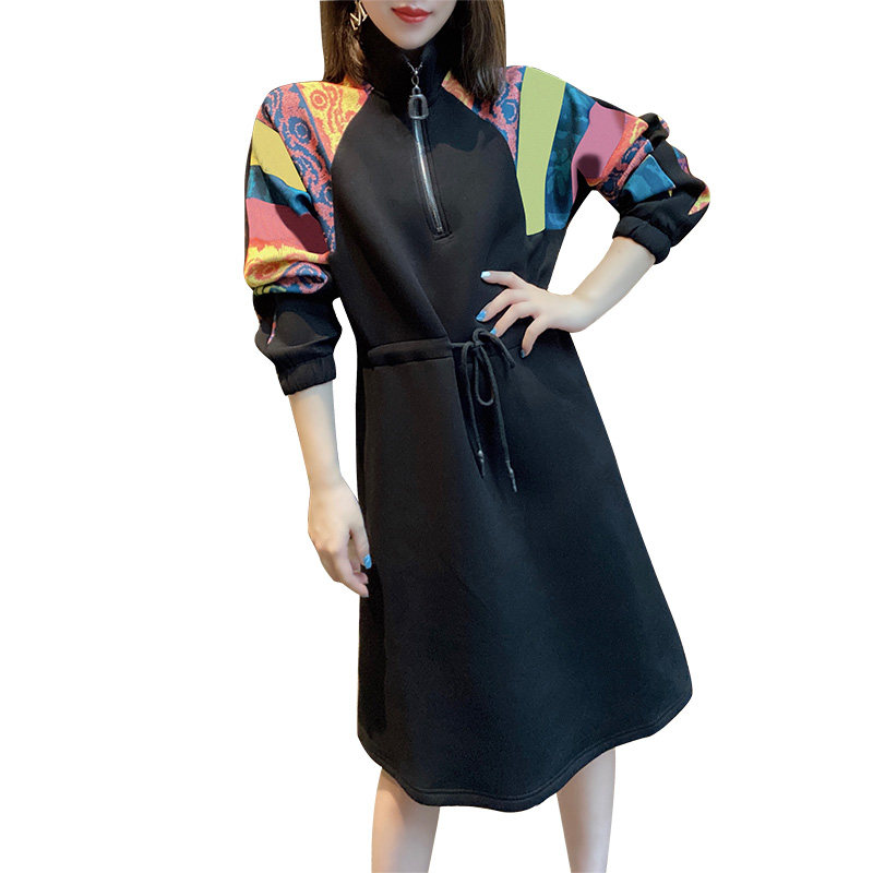 时尚设计感收腰拼接高领黑色连衣裙 蜜恒连衣裙