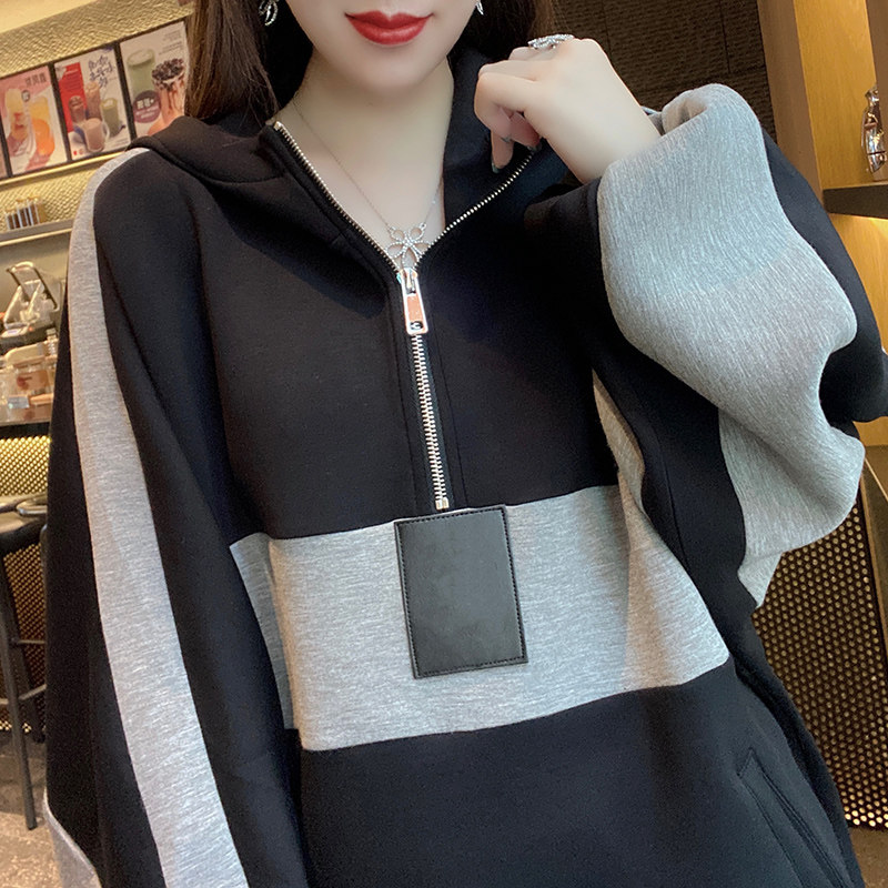 潮流减龄宽松半开领黑色2020卫衣裙 蜜恒连衣裙