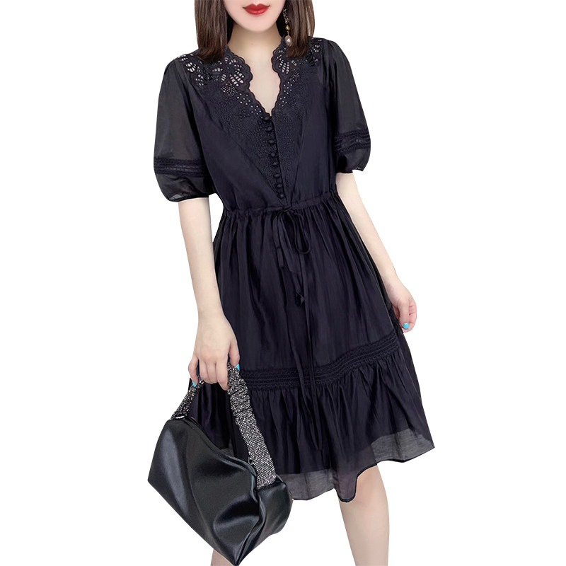 法式v领黑色收腰显瘦泡泡袖连衣裙 蜜恒连衣裙