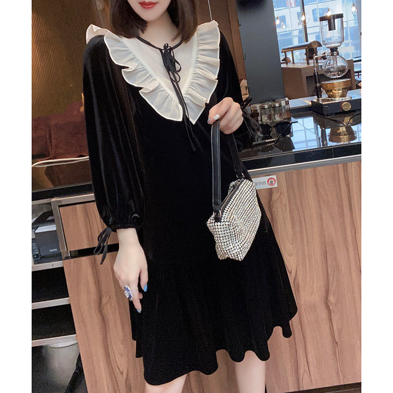 法式复古网纱拼接丝绒小黑裙连衣裙 蜜恒连衣裙