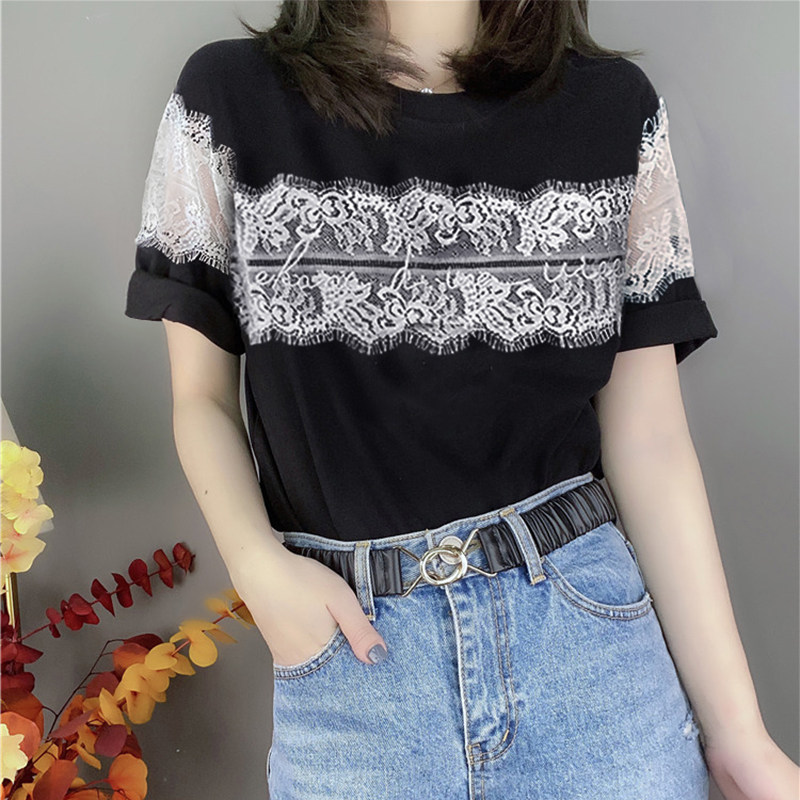 设计感宽松蕾丝镂空小衫短袖棉t恤 蜜恒T恤