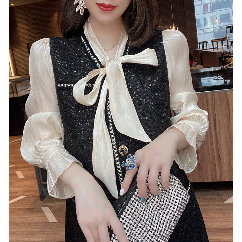 气质假两件拼接雪纺黑色2020衬衫裙 蜜恒连衣裙