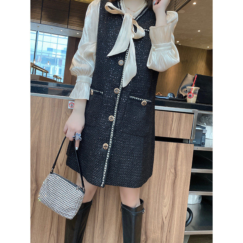 气质假两件拼接雪纺黑色2020衬衫裙 蜜恒连衣裙