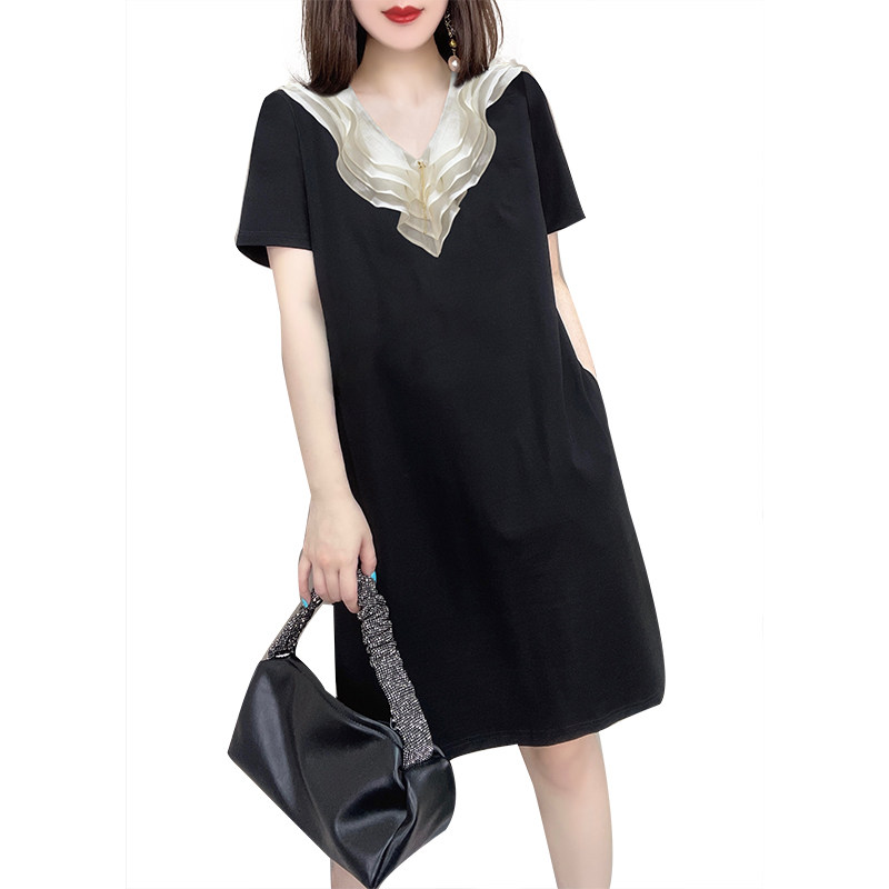 设计感小众荷叶边v领短袖连衣裙 蜜恒连衣裙