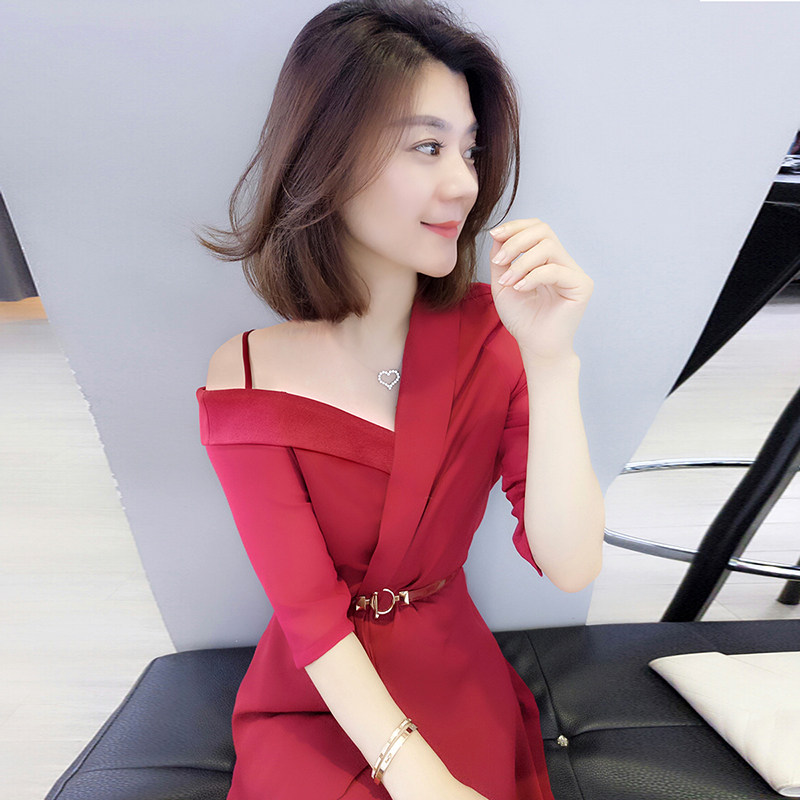 法式车厘子红v领性感吊带秋晚礼服 蜜恒连衣裙