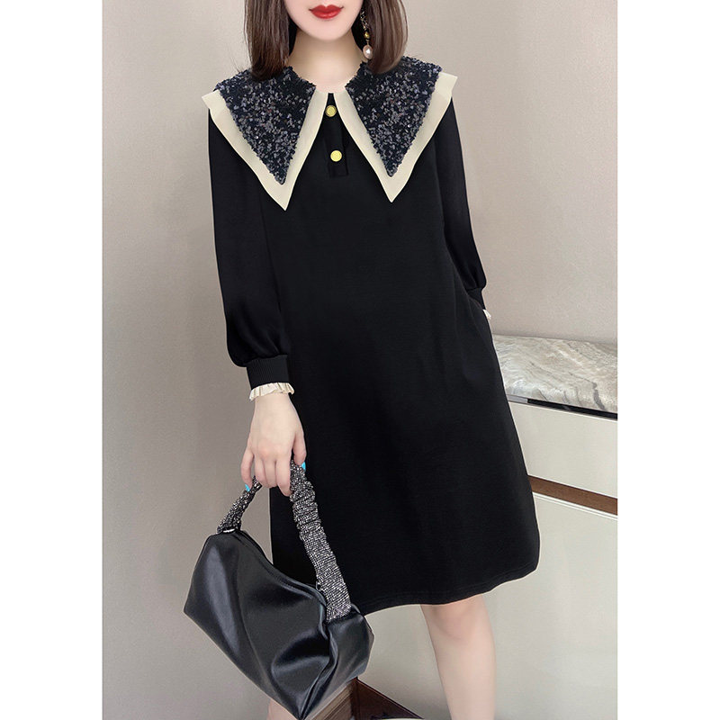 赫本风气质娃娃领黑色直筒连衣裙 蜜恒连衣裙