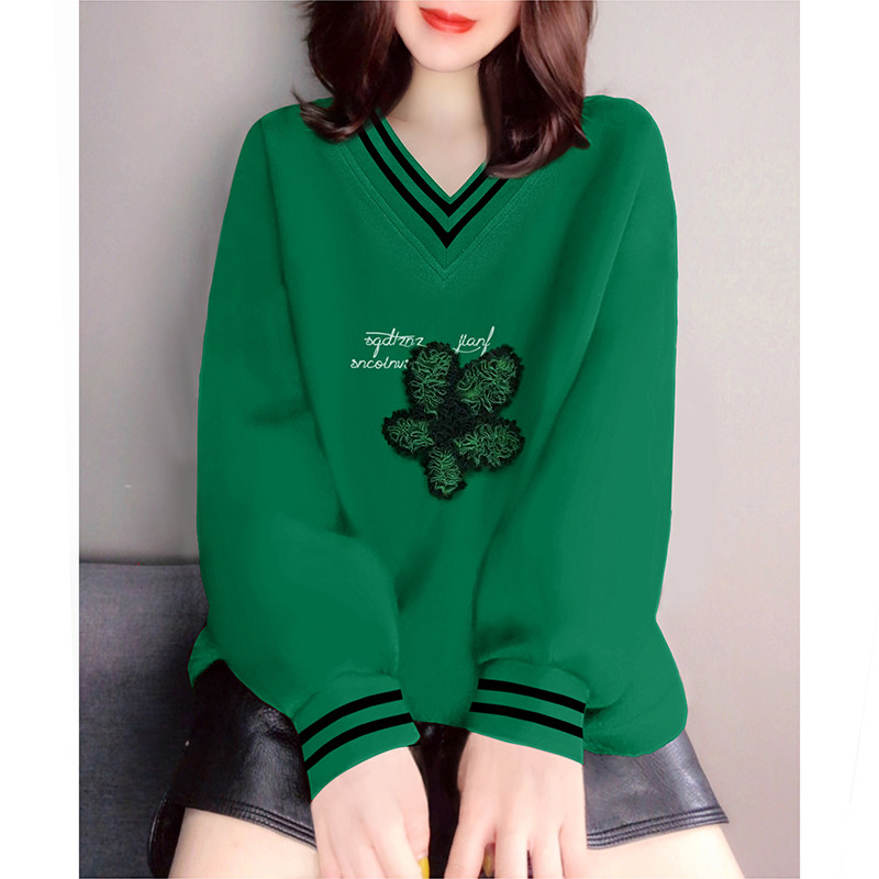 绿色条纹v领设计感立体花朵卫衣 蜜恒卫衣/绒衫