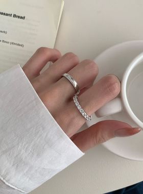 S925纯银镶钻排钻戒指女男复古轻奢小众设计简约爆款情侣对戒