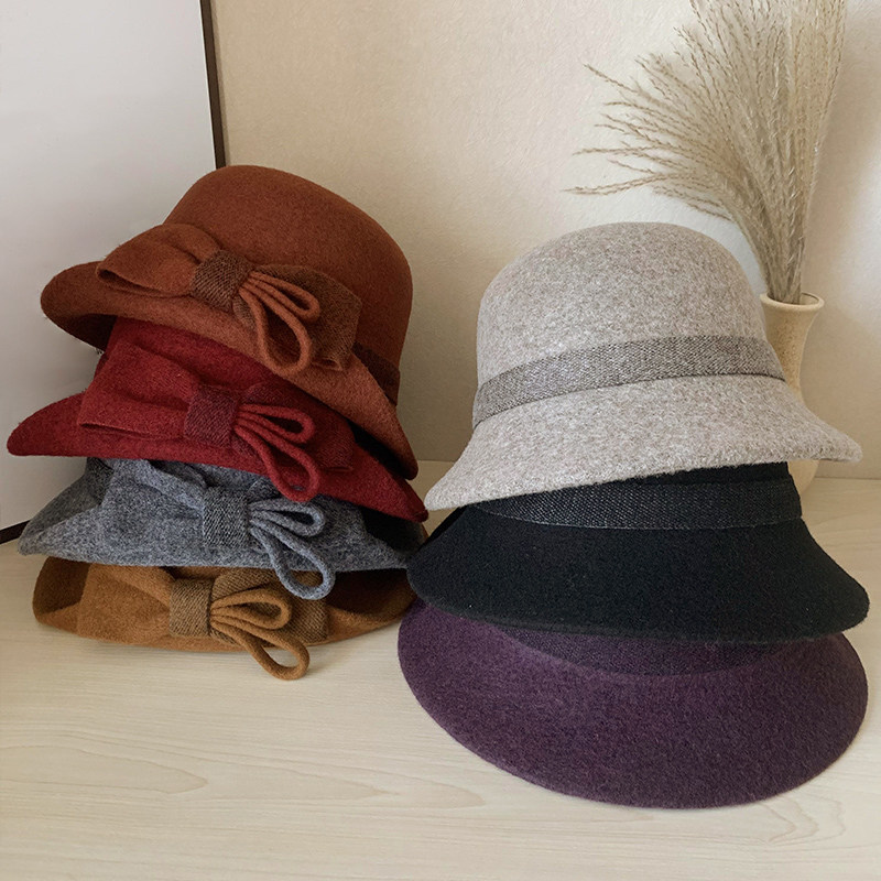 羊毛帽子女秋冬韩版优雅卷边蝴蝶结名媛礼帽妈妈英伦复古毛呢盆帽,淘宝优惠券,粉丝福利购,淘宝优惠卷