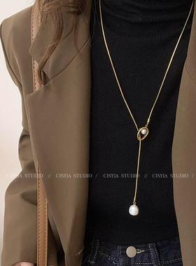 长款珍珠金色毛衣链项链