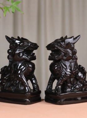 天然玉石麒麟一对招财送子摆件