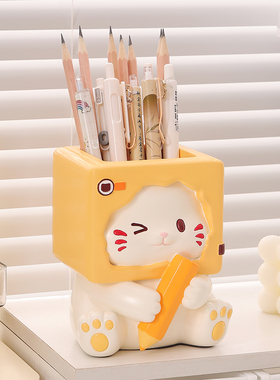 庭将创意招财猫笔筒摆件