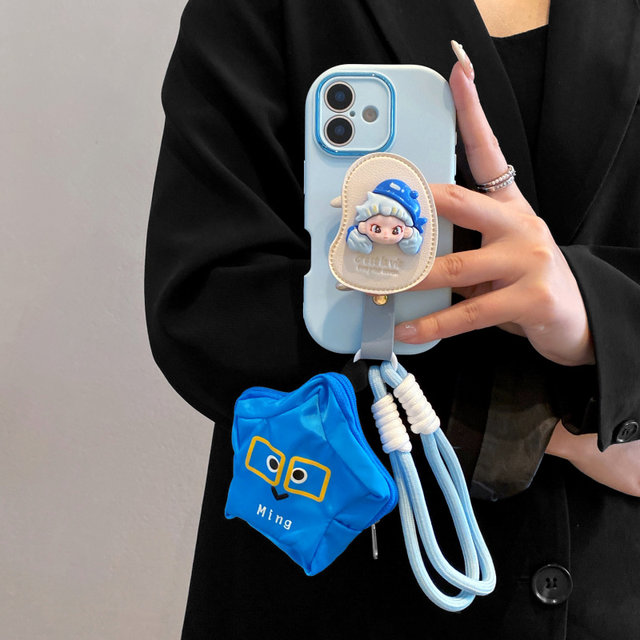 Blue hat Dora bracket suitable for Apple 16pro mobile phone case 15promax crossbody strap 14pro hand storage bag iPhone 13 anti-fall 12pro creative xsmax cartoon 11 protective case