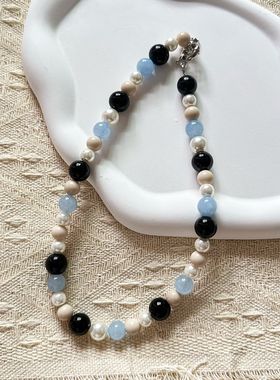 天然蓝色海蓝宝施家珍珠天河石头串珠夏季项链女轻奢小众锁骨颈链