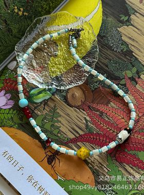 复古卡通企鹅拼色串珠项链女小红书爆款小众设计高级感百搭锁骨链