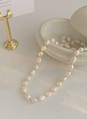 天然巴洛克淡水珍珠铜珠间隔项链女时尚款颈链异形不规则珍珠锁骨