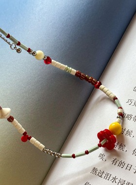 红色花朵清新甜美“ 玛丽” 彩色趣味材质琉璃钛钢不掉色小众项链