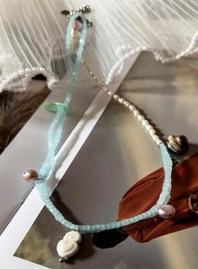 2024新款天然米珠蓝色玻璃珍珠贝壳有趣自然清爽个性风潮项链