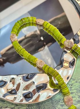 绿色波西米亚风切片贝壳串珠天然石项链小众民族风锁骨链