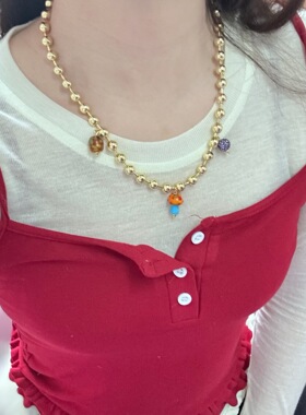 小众设计钛钢不掉色Et彩色手工琉璃金珠蘑菇项链情侣可爱复古感