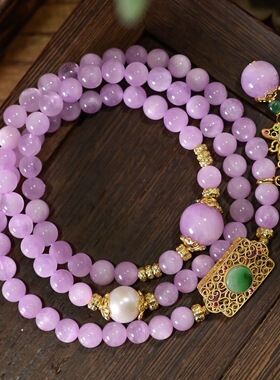 新中式天然猫眼紫锂辉手链阳绿翡