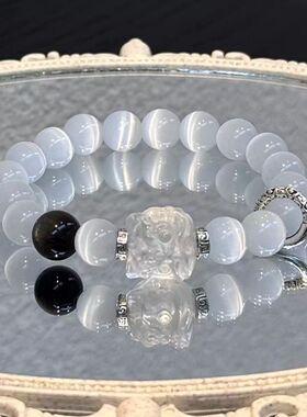 天然银曜石醒狮头手链男女情侣款