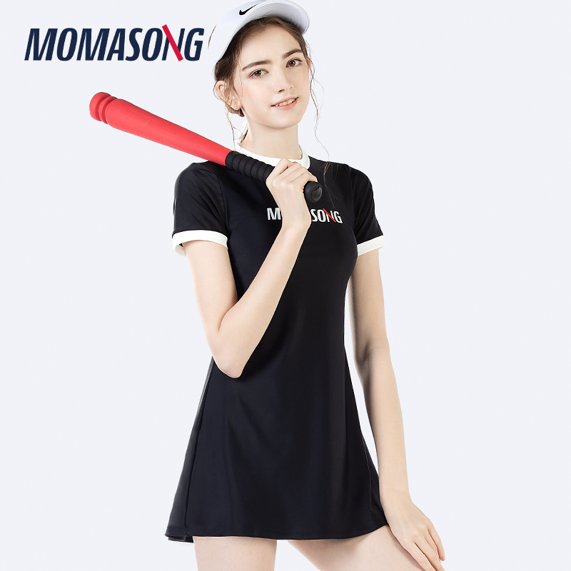 Momasong泳衣女夏连体裙简约显瘦遮肚保守甜美游泳衣温泉海边泳装 - 图1