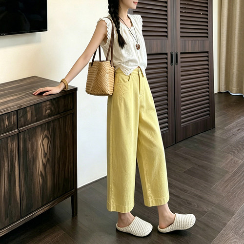 纯棉窄版直筒裤女春秋薄款小个子高腰垂感宽松显瘦休闲阔腿裤女夏 - 图3