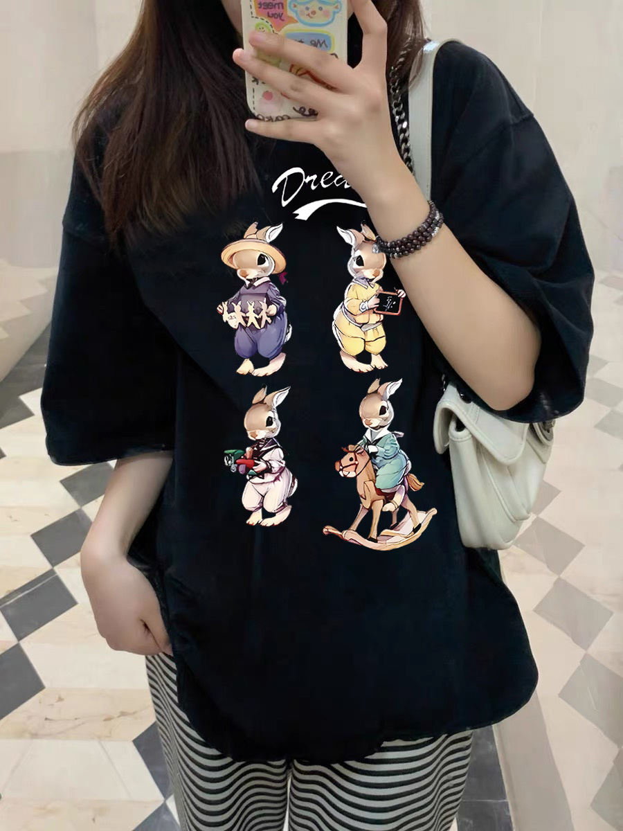 韩版高级感卡通短袖T恤女夏季新款宽松休闲慵懒风简约百搭上衣
