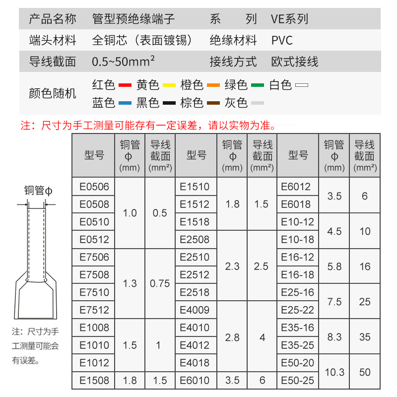 紫铜VE151008预绝缘欧式管型端子冷压针型接线端子插针镀锡铜鼻子 - 图2