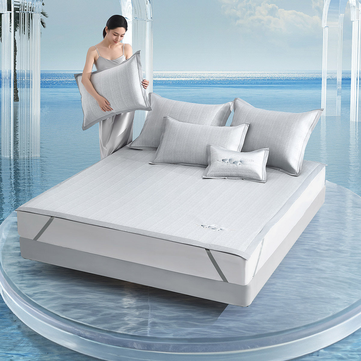 水星家纺凉席A类抑菌1000D冰丝席可机洗可折叠提花凉感席子床品,淘宝优惠券,粉丝福利购,淘宝优惠卷