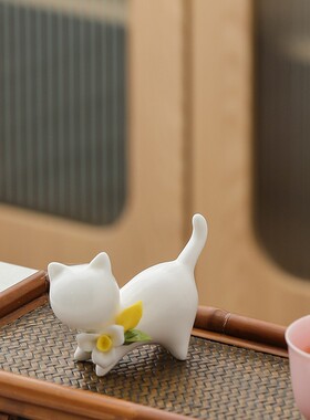 小猫陶瓷小摆件手捏宠创意奢桌面家居花可茶迷你配件养茶道小轻