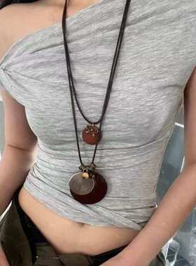 新中式国风长款木质串珠项链女复古民族风毛衣链波西米亚吊坠配饰